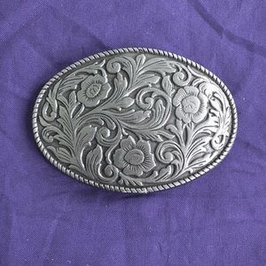 Vintage Western Floral Etched Pewter Belt Buckle
